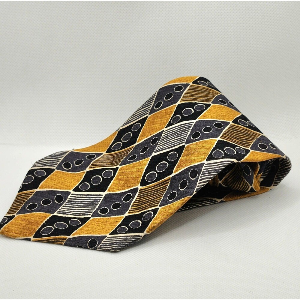 Vintage Echo Silk Mens Neck Tie Gold Black Gray Geometric Checker 4" x 61" Italy